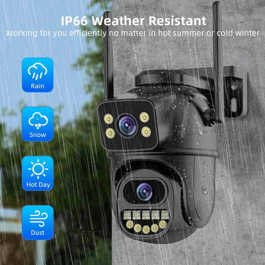 Outdoor security camera with weather resistance features on a gray wall background