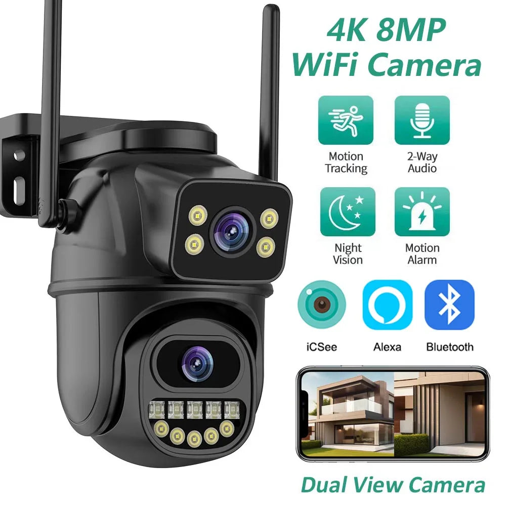 Outdoor security camera with multiple features highlighted on a white background