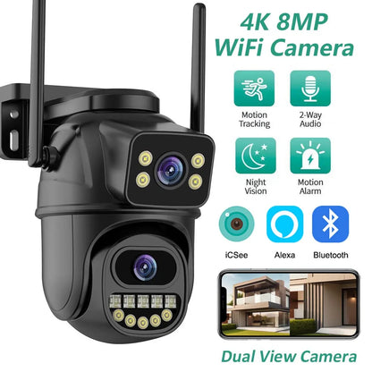Outdoor security camera with multiple features highlighted on a white background