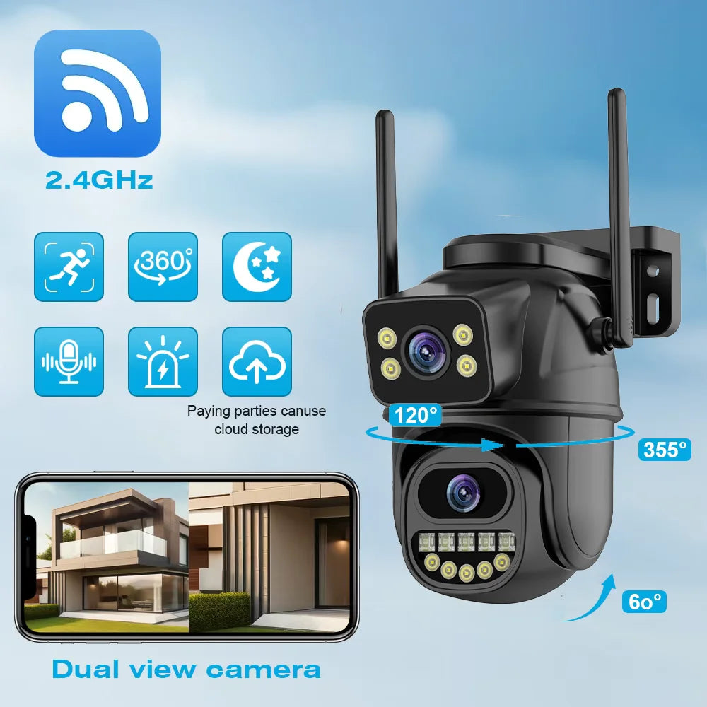 Outdoor security camera with features highlighted on a blue background