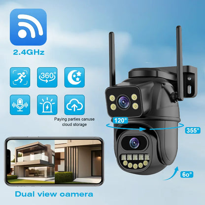 Outdoor security camera with features highlighted on a blue background